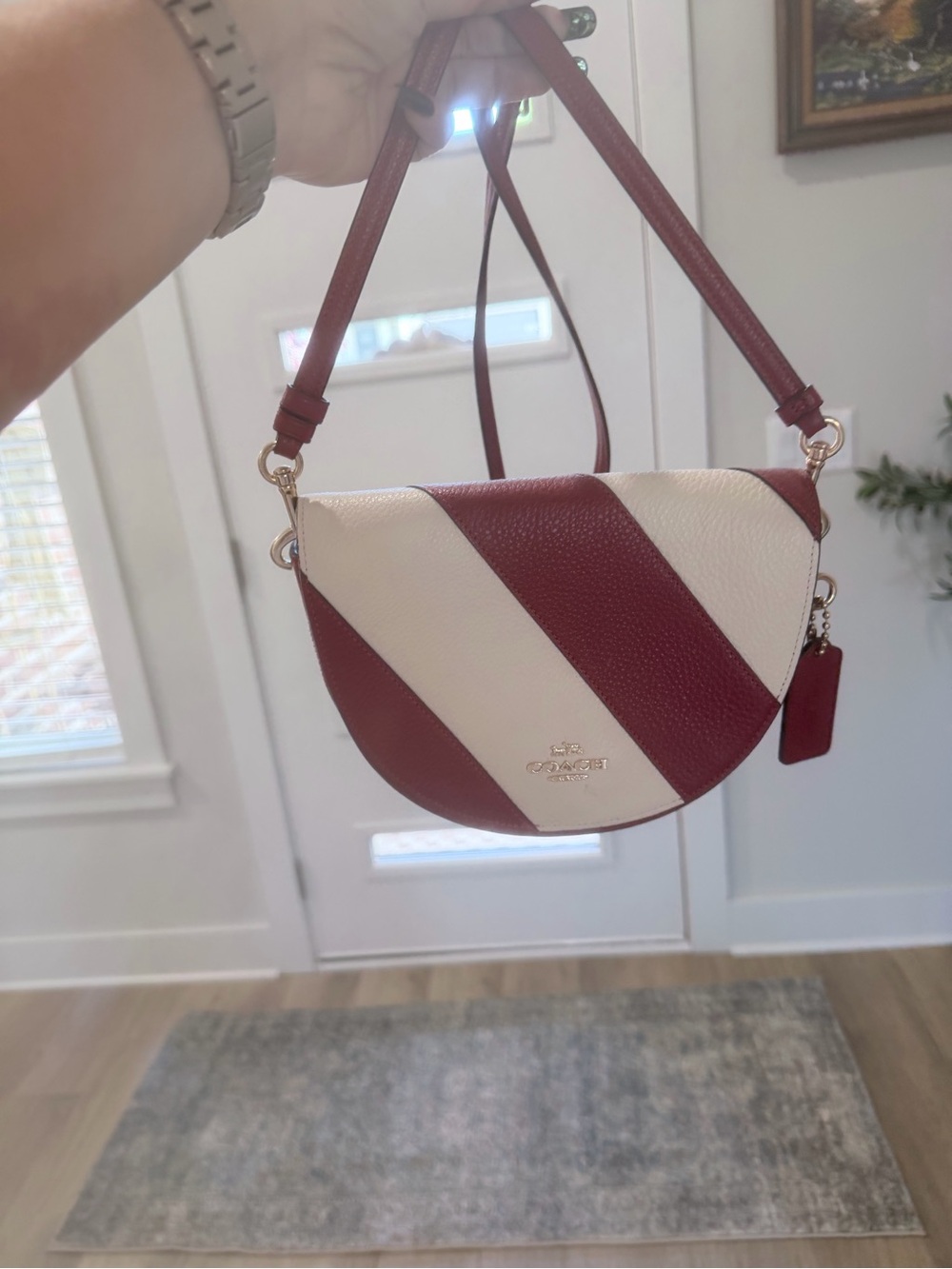 SOLD OUT Coach Red and Cream Diagonal Stripe Leather Crossbody